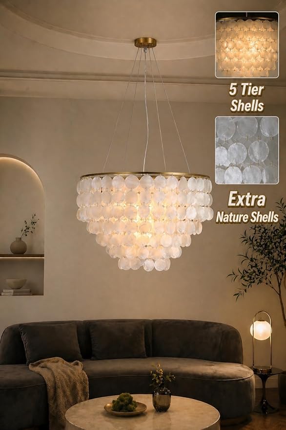 5 Tier Shell Capiz Chandelier, H16'' x D24'' Natural Shell Hanging Ceiling Light Fixtures Seashell Coastal Chandeliers for Living Room(More Additional Shell Parts Included) Gold