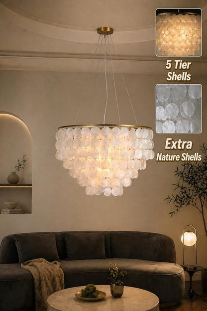 5 Tier Shell Capiz Chandelier, H16'' x D24'' Natural Shell Hanging Ceiling Light Fixtures Seashell Coastal Chandeliers for Living Room(More Additional Shell Parts Included) Gold