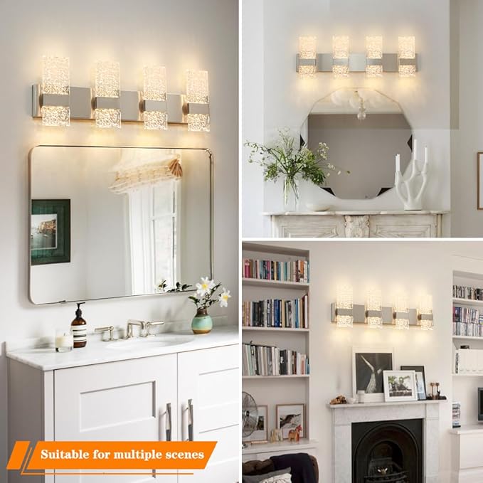 Modern Brushed Nickel 4 Lights Bathroom Vanity Light, Eleglant Nickel LED Bathroom Light Fixtures over Mirror, Dimmable Acrylic Shade Wall Lighting Fixtures, Hardwired Wall Light(H9.25in, L28.35in)