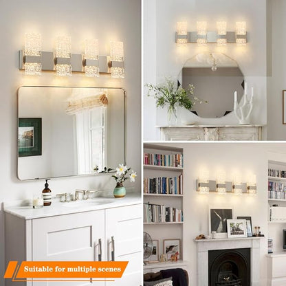 Modern Brushed Nickel 4 Lights Bathroom Vanity Light, Eleglant Nickel LED Bathroom Light Fixtures over Mirror, Dimmable Acrylic Shade Wall Lighting Fixtures, Hardwired Wall Light(H9.25in, L28.35in)