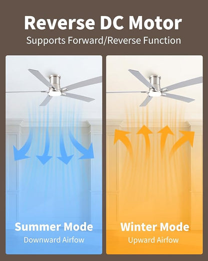 60 Inch Ceiling Fans with Lights and Remote, Nickel Low Profile Ceiling Fan, Flush Mount Style with 5 Blades, For Indoor Bedroom Living Room/Outdoor, 6 Speed Reversible DC Motor, 3CCT Dimmable LED