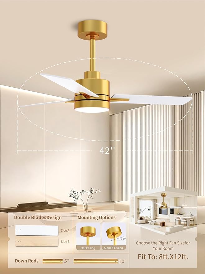 LANMEL 42'' Ceiling Fan with Lights and Remote, Low Profile Modern Ceiling Fan Gold, 6 Speed, Reversible, 3000k-6000k LED, Quiet DC Motor for Indoor Outdoor Bedroom Living Room
