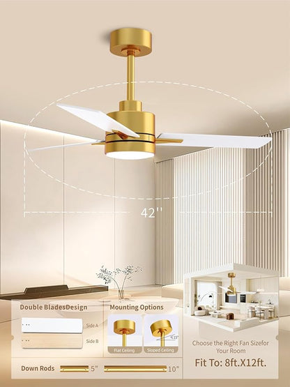 LANMEL 42'' Ceiling Fan with Lights and Remote, Low Profile Modern Ceiling Fan Gold, 6 Speed, Reversible, 3000k-6000k LED, Quiet DC Motor for Indoor Outdoor Bedroom Living Room