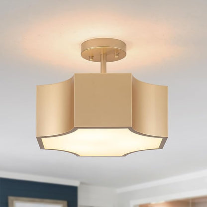 12.6'' Modern Gold 3-Light Ceiling Light Fixture, Metal Industrial Semi Flush Mount Close to Ceiling Light, Farmhouse Light Fixtures Ceiling Mount, Geometry Chandelier for Kitchen, Dining Room