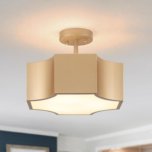 12.6'' Modern Gold 3-Light Ceiling Light Fixture, Metal Industrial Semi Flush Mount Close to Ceiling Light, Farmhouse Light Fixtures Ceiling Mount, Geometry Chandelier for Kitchen, Dining Room