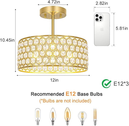 Lxybcce Gold Crystal Ceiling Light Fixture - Modern Semi Flush Mount Ceiling Light for Hallway, Kitchen Lighting Fixtures Ceiling, Dazzling Prism Chandelier for Foyer Closet Bedroom, 3 Light, 12 in