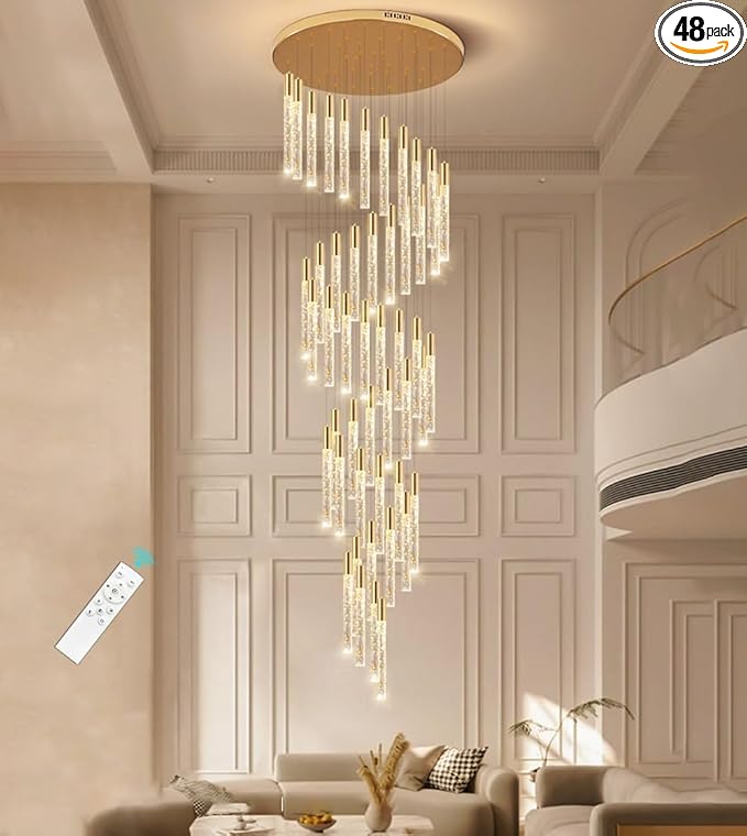 HAIXIANG 20 Foot 48-Light Gold High LED Dimmable Chandeliers Ceiling Pendant Light Fixtures Remote Control Light Fixtures Crystal Raindrop Fixtures Living Room Staircase Entrances
