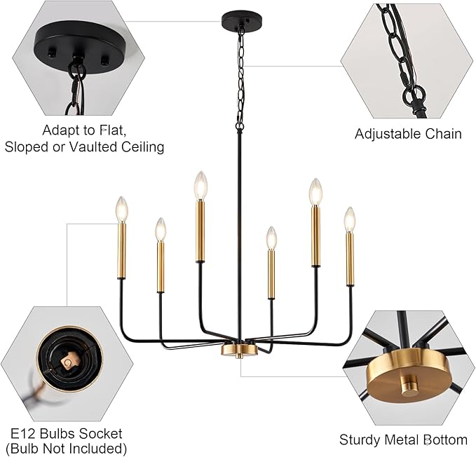 Modern Black and Gold Chandelier for Dining Room,Metal 6-Light Kitchen Light Fixtures,Farmhouse Candle Hanging Pendant Lights for Living Room Entryway Foyer Bedroom (Bulb Not Included)