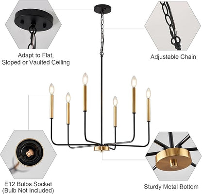 Modern Black and Gold Chandelier for Dining Room,Metal 6-Light Kitchen Light Fixtures,Farmhouse Candle Hanging Pendant Lights for Living Room Entryway Foyer Bedroom (Bulb Not Included)