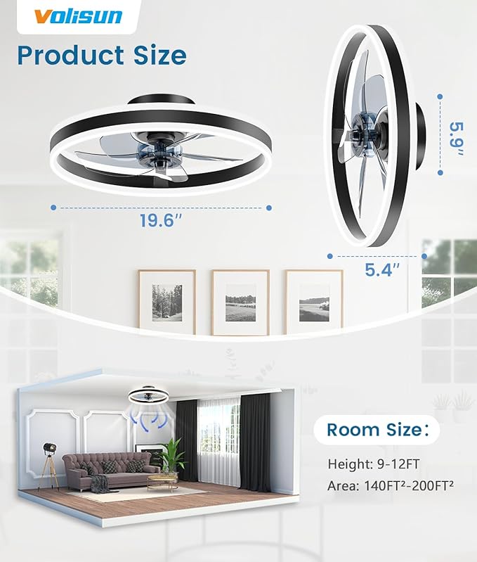 VOLISUN Low Profile Ceiling Fans with Lights and Remote, 20in Flush Mount Ceiling Fans with Light, 3000K-6500K Dimmable Fandelier LED Fan Light, Black Bladeless Ceiling Fans with Lights for Bedroom