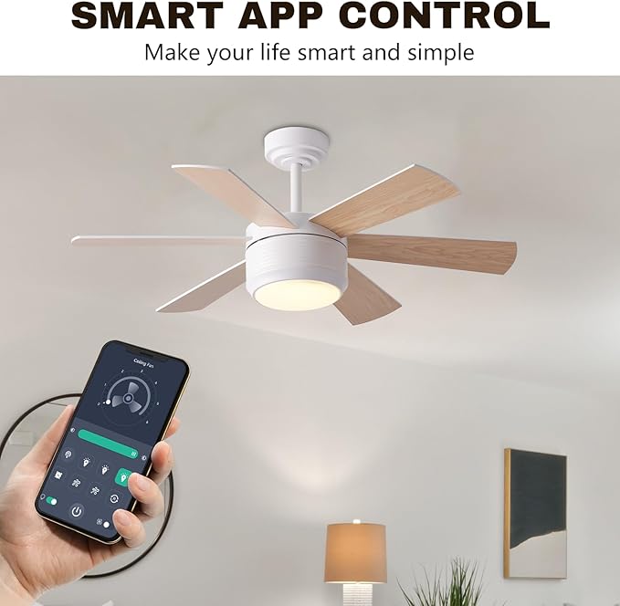 SHOWDI Ceiling Fan with Lights and Remote, 6 Blade App Control Timer Reversible Stepless Brightness and Color Temperature Outdoor Wood Ceiling Fan with Lights (White, 42 Inch)