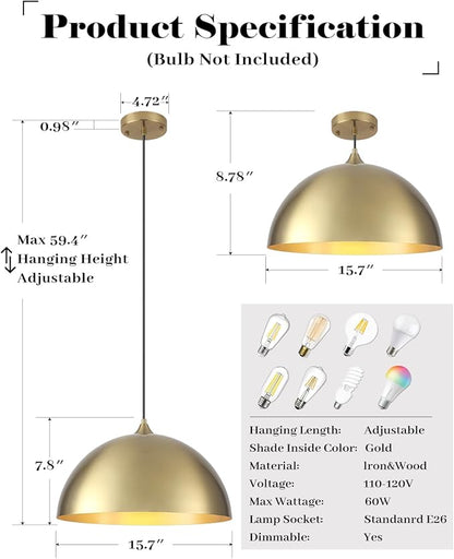 Gold Dome Pendant Light, 16 Inch Large Gold Pendant Light Kitchen Island, Industrial Farmhouse Pendant Lights for Kitchen Island, Dining Room, Cafe, Bar, 1 Pack