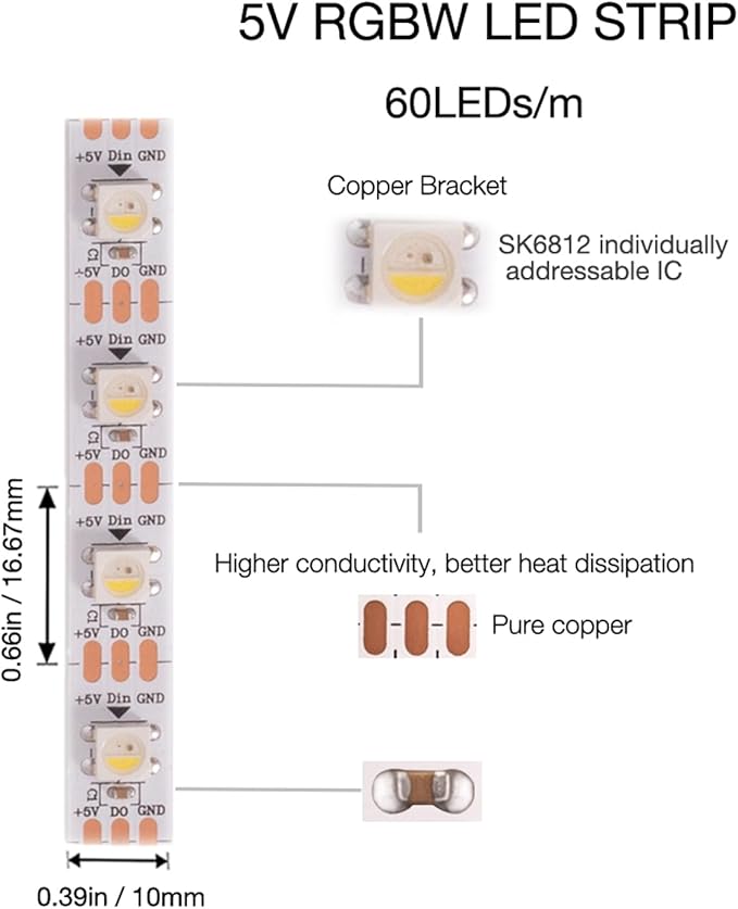 DC5V SK6812 (Similar WS2812B) RGBW RGB+Neutral White LED Strip Light 60leds/Pixels/m Individually Addressable 4 Color in 1 LED Dream Color (16.4ft(5m) 300leds, IP30) (No Adapter or Controller)