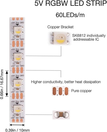 DC5V SK6812 (Similar WS2812B) RGBW RGB+Neutral White LED Strip Light 60leds/Pixels/m Individually Addressable 4 Color in 1 LED Dream Color (16.4ft(5m) 300leds, IP30) (No Adapter or Controller)