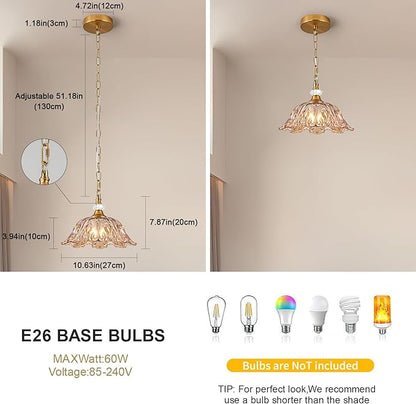 1 Piece Vintage Chandelier Light Fixture with Amber Glass Shade,Matte Antique Brass Finish Pendant Light,Hanging Light for Dining Room,Hallway,Living Room,Bedroom