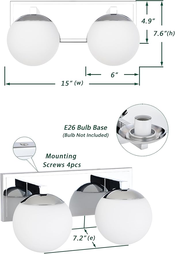 Chrome Bathroom Vanity Light Fixtures, 2-Light Globe Bathroom Lighting Fixtures Over Mirror, Modern Wall Lights for Living Room, Long Backplate, Standard E26 Base, Chrome