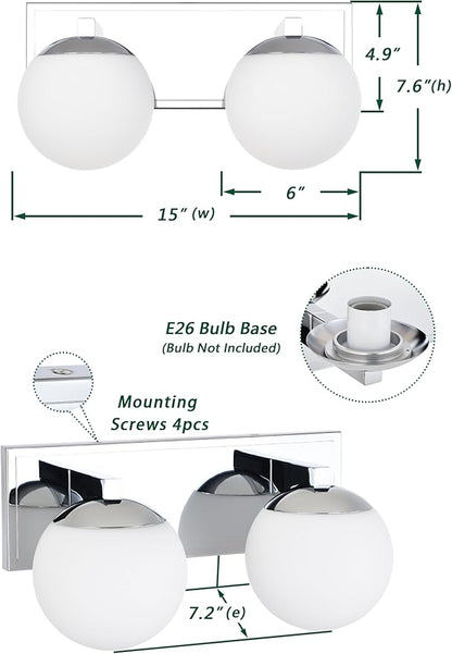 Chrome Bathroom Vanity Light Fixtures, 2-Light Globe Bathroom Lighting Fixtures Over Mirror, Modern Wall Lights for Living Room, Long Backplate, Standard E26 Base, Chrome