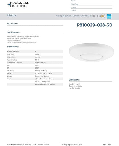 Progress Lighting P810029-028-30 Intrinsic Close-to-Ceiling, White, 1.57x7.25x7.25