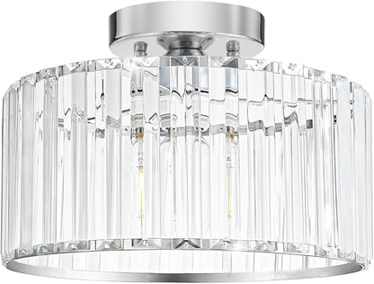 Crystal Ceiling Light Fixture, Chrome Close To Ceiling Light Fixtures, Modern Semi Flush Mount Ceiling Light, Hallway Lighting Fixture Chandelier for Bathroom Bedroom Porch Kitchen Living Room, 11in