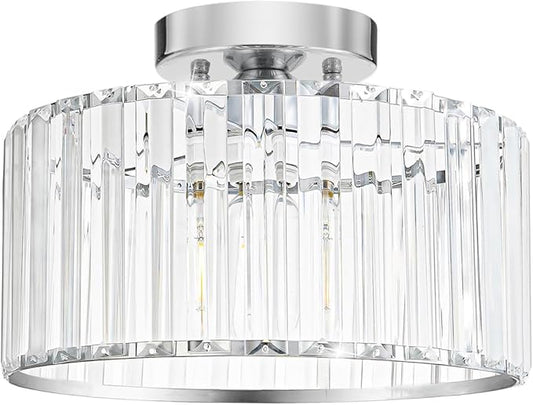 Crystal Ceiling Light Fixture, Chrome Close To Ceiling Light Fixtures, Modern Semi Flush Mount Ceiling Light, Hallway Lighting Fixture Chandelier for Bathroom Bedroom Porch Kitchen Living Room, 11in