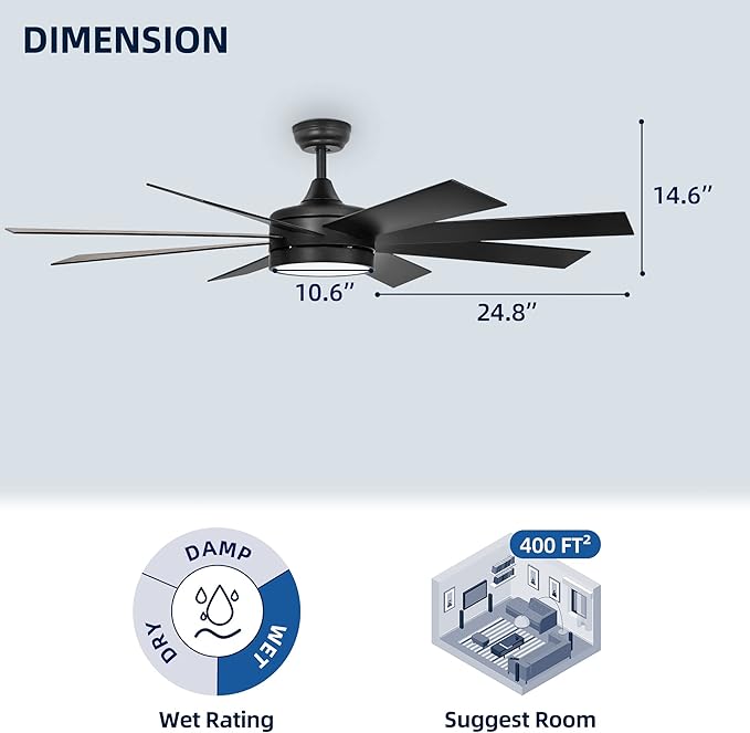 YITAHOME Black 60 Inch Ceiling Fan with Light and Remote, DC Fanlight for Indoor, Modern Light Fan with Reversible 6 Speeds, 3 Color Temperatures, Memory Function, Quiet Motor