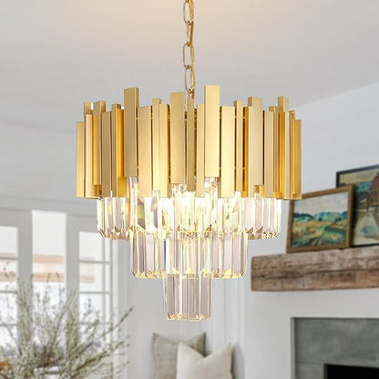 Gold Luxury Crystal Chandelier Modern Hanging Chandelier Light,E12*5-Light Adjustable Chain Pendant Light Fixture for Dining Room Living Room Foyer Bedroom W15.7in