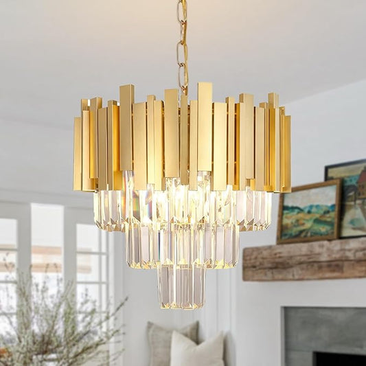 Gold Luxury Crystal Chandelier Modern Hanging Chandelier Light,E12*5-Light Adjustable Chain Pendant Light Fixture for Dining Room Living Room Foyer Bedroom W15.7in