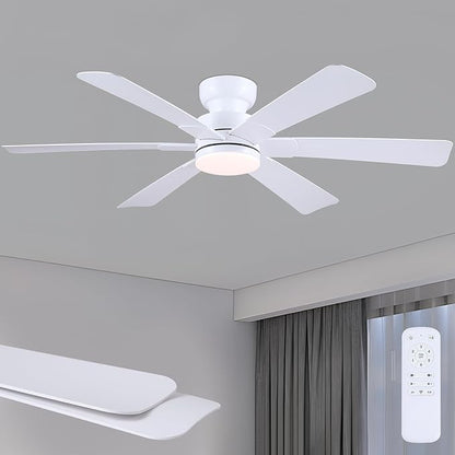 52" Low Profile Ceiling Fans with Lights and Remote, White Indoor Ceiling Fan Light with Quiet Reversible DC Motor,Modern Flush Mount Ceiling Fans with Dimmable LED for Bedroom Kitchen