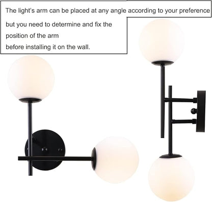 BYOLIIMA Black Globe Wall Sconces, 2-Light Modern Matte Black Vanity Lights with White Globe Glass Shade, Industrial Farmhouse Wall Lamp for Bedroom, Living Room, Kitchen, Bathroom
