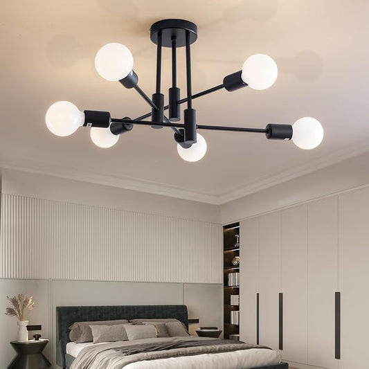 20.5 Inch Black Sputnik Ceiling Light Fixture 6-Light Black Sputnik Chandeliers, Mid Century Chandelier Modern Chandelier for Dining Room, Living Room, Bedroom, E26 Base