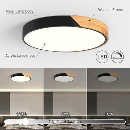 Modern Dimmable LED Ceiling Light, Minimalist Wood Style 5CCT 2700K-6000K Flush Mount Ceiling Light Fixture, Round Lighting Lamp for Bedroom Living Room Dining Room Laundry, Black, 15.8"