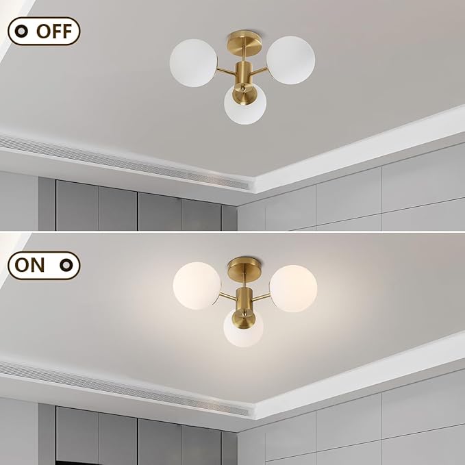 3 Lights Semi Flush Mount Ceiling Light Mid Century Modern Brass Ceiling Light Milk Glass Sputnik Small Chandelier for Bedroom Dinning Room Foyer Hallway