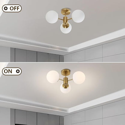 3 Lights Semi Flush Mount Ceiling Light Mid Century Modern Brass Ceiling Light Milk Glass Sputnik Small Chandelier for Bedroom Dinning Room Foyer Hallway