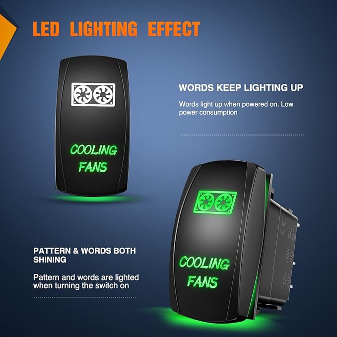 Nilight COOLING FANS Rocker Switch Led Light Bar 5Pin Laser On Off SPST switches 20A/12V 10A/24V Green with Jumper Wires Set for Cars Trucks RVs