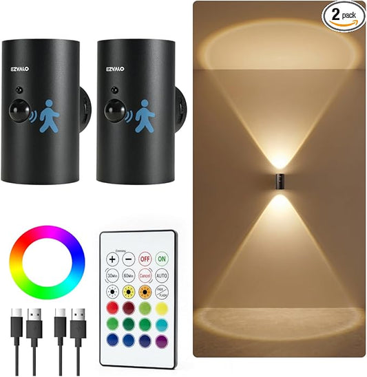 EZVALO Motion Sensor Wall Light, 4000mAh Rechargeable Battery Operated Wall Sconce, RGB & 3 Color Temps with Remote, Wireless Ambient Light for Living Room, Hallway, Apartment (2 Pack, Black)