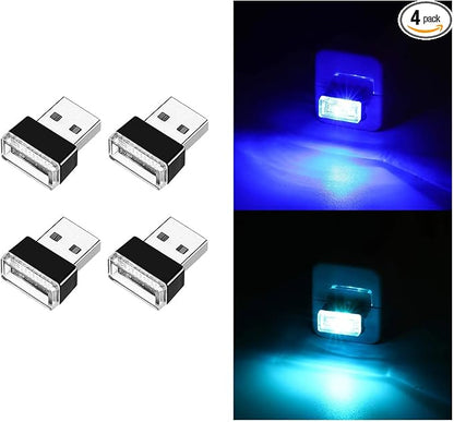 Ziciner 4 PCS USB LED Car Interior Atmosphere Lamp, Portable Mini LED Night Light, Plug-in USB Interface Trunk Ambient Lighting Kit, Universal Interior Accessories for Most Vehicles (Blue, Ice Blue)