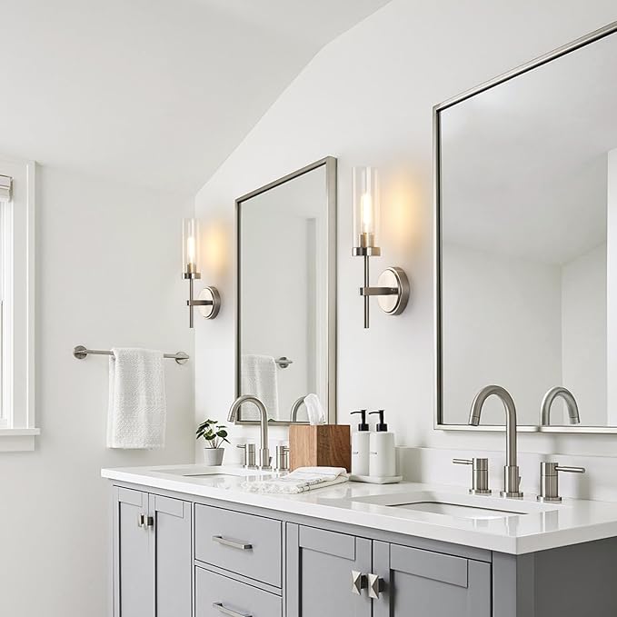 WILON Bathroom Wall Sconces 2 pcs, Vanity Lights for Bathroom, Indoor Wall Light Fixtures with Clear Glass Shades, Wall Lamp for Mirror Bedroom Living Room Bedside Hallway, Nickel