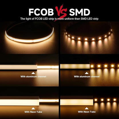 BTF-LIGHTING FCOB COB LED Strip Flexible High Density Uniform Light 9W/m 16.4FT DC24V Warm White 2700K CRI 90+ 8mm Width Dimmable LED Ribbon for Indoor Decoration(No Adapter or Controller)