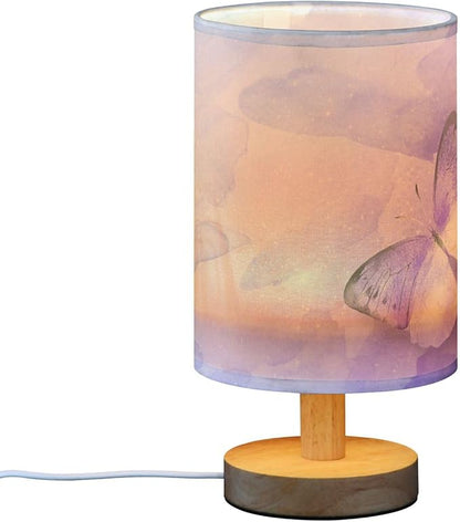 Table Lamp Watercolor Purple Butterfly Galaxy Nightstand Lamp with Wood Base Fabric Lamp Shade Bedside Desk Lamp for Living Room Bedroom Kids Room Office