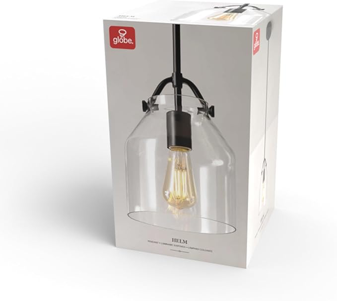Globe Electric 67000097 1-Light Pendant Light Fixture, Matte Black, Clear Glass Shade, Adjustable Hanging Height Rods, Kitchen Island Lighting, Modern Farmhouse, Dimmer Switch Compatible