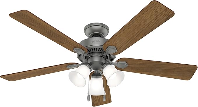 Hunter 52 inch Indoor Ceiling Fan with LED Lights - Ceiling Fan with Pull Chain, For Bedroom, Living Room, or Kitchen, Standard Mount, No Remote, 5 Blades - Swanson 50894, Matte Silver