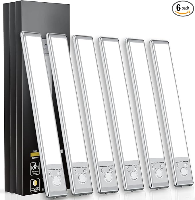 SOUL LINK Under Cabinet Lights, 88 LED Operated Motion Sensor Light Indoor, 2200mAh USB Rechargeable Closet Lights, 6 Pack Magnetic Dimmable Wireless Under Counter Lights for Kitchen, Stairs