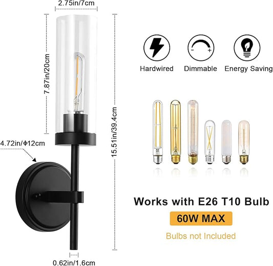WILON Wall Sconces 2 pcs, Bathroom Sconces Vanity Light Fixtures with Clear Glass Shades, Indoor Rustic Farmhouse Wall Lamps for Bedroom Living Room Bathroom Bedside Hallway Mirror, Black