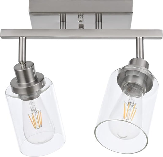 MELUCEE 2 Light Rotatable Track Lighting Kit Spotlight Semi Flush Mount Ceiling Light, Brushed Nickel Bathroom Lights Wall Scone for Hallway Porch Foyer Bath Storage, Clear Glass Shade