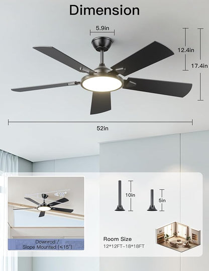 OJX Ceiling Fans with Lights, 52 inch Ceiling fan with Light and Remote/APP Control, 3CCT, Quiet DC Reversible, Dimmable, Modern Ceiling Fan for Bedroom, Living Room, Kitchen, Indoor/Outdoor Use