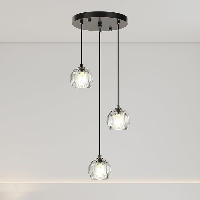 Modern Crystal Pendant Light Fixtures, Round Black LED Ceiling Hanging Lamps, Raindrop Crystal Chandelier for Bedroom, Dining Room Kitchen Island Bathroom