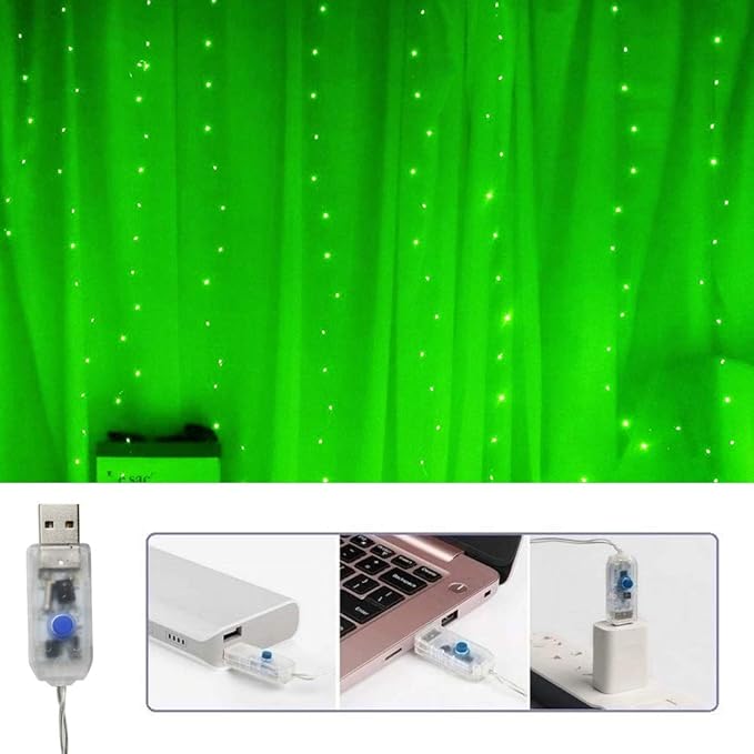 300 LED Curtain Lights - Christmas String Lights with Remote Control, USB Power, 8 Lighting Modes - Green for Bedroom, Home, Xmas, St. Patrick's Day Decor - 9.8ft x 9.8ft