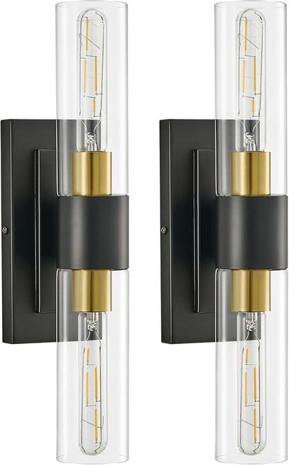 19" Black and Gold Wall Sconces Set of Two,Modern Bathroom Light Fixtures,2-Light Vanity Lights for Mirror,Indoor Wall Lamp Wall Mount Hardwired Light for Bedroom with Clear Glass E26 Base