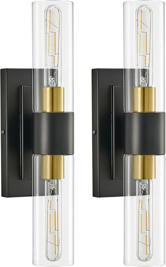19" Black and Gold Wall Sconces Set of Two,Modern Bathroom Light Fixtures,2-Light Vanity Lights for Mirror,Indoor Wall Lamp Wall Mount Hardwired Light for Bedroom with Clear Glass E26 Base
