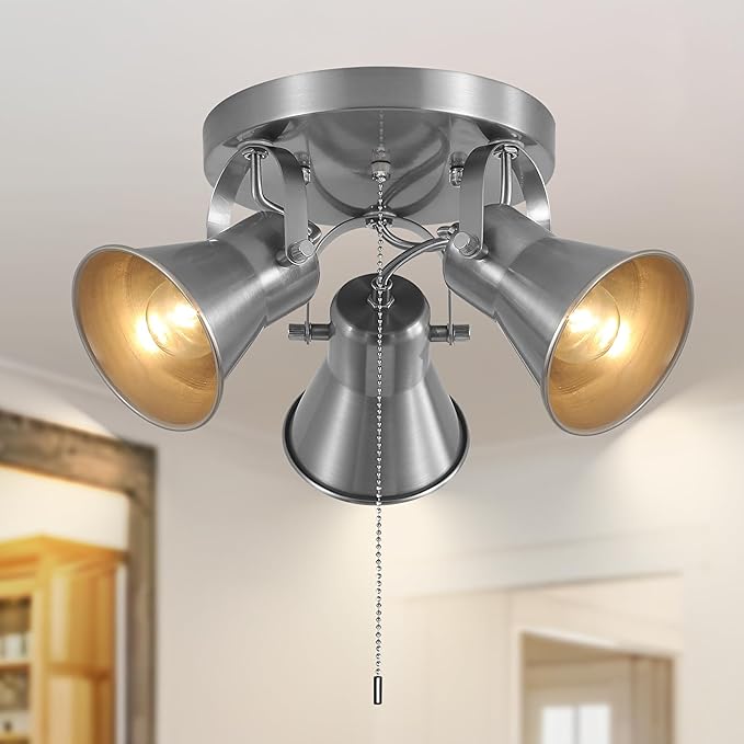 3-Light Ceiling Lights with Pull Chain, Adjustable Round Kitchen Ceiling Light, Morden Nickel Flush Mount Directional Track Light for Kitchen, Hallway, Dining Room, Bathroom, Coffee Bar